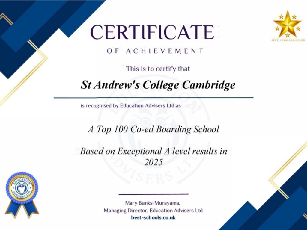 St Andrew’s College, Cambridge has been recognised as a Top 100 co-educational boarding school, based on exceptional A Level results in 2025