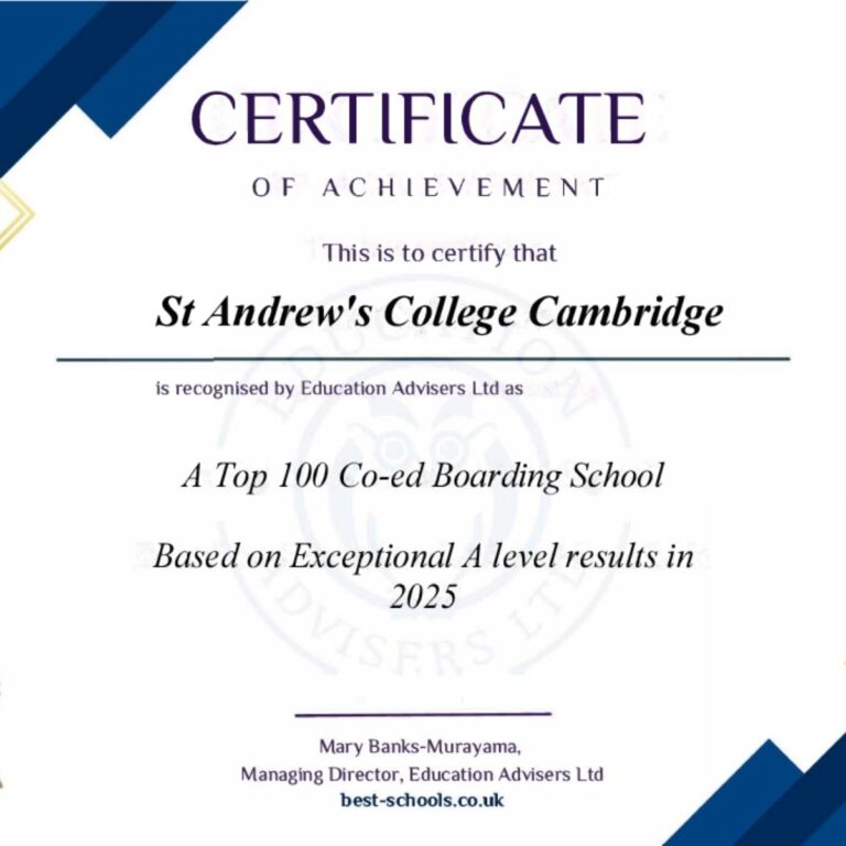 St Andrew’s College, Cambridge has been recognised as a Top 100 co-educational boarding school, based on exceptional A Level results in 2025